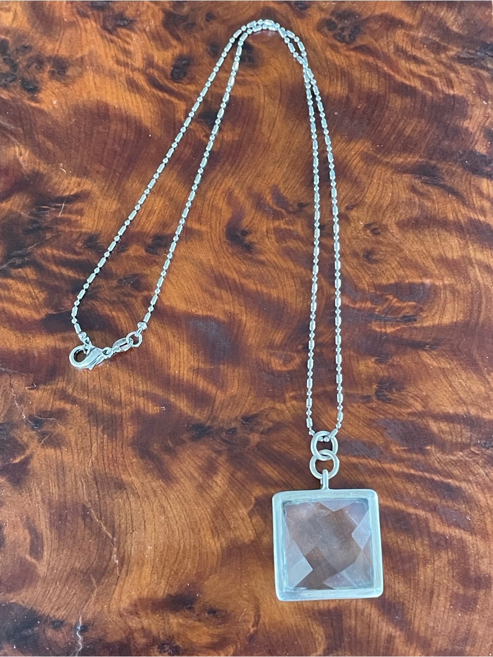 Vintage Checkerboard Faceted Quartz Rock Crystal 925 Pendant on 18K GP Chain